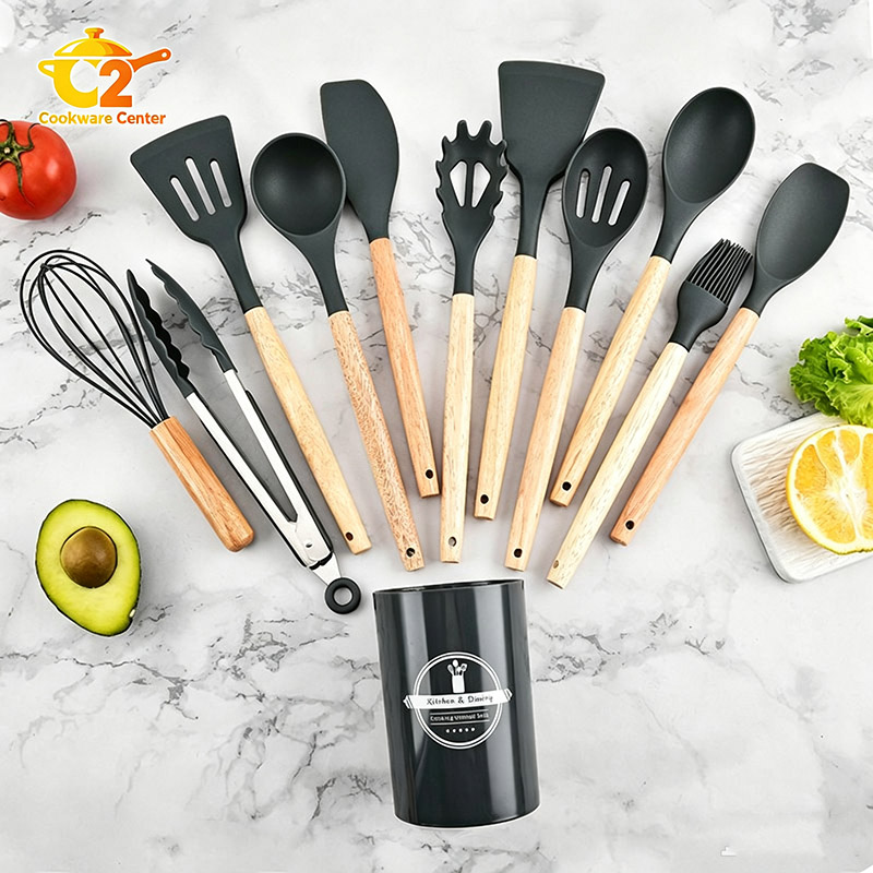 Set of 12PCS Wooden Handle Silicone Kitchenware Set With Storage Bucket High Temperature Protection Cookware