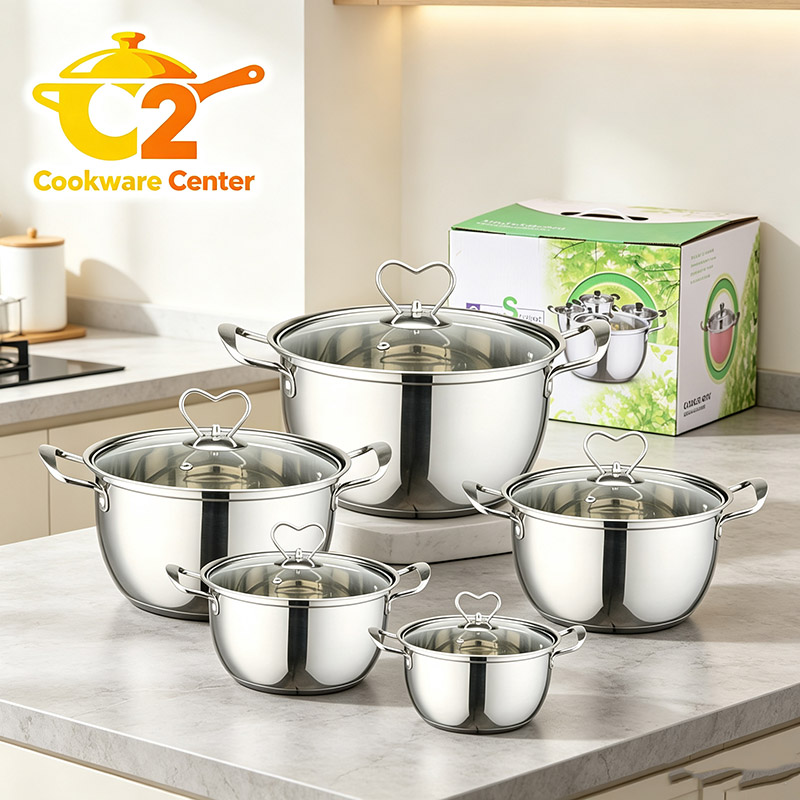 Set of 10PCS  Stainless Steel Cookware Set  Cooking Pot Set Sufuria Set  (5PCS 16/18/20/22/24CM Pots+5PCS Lids)