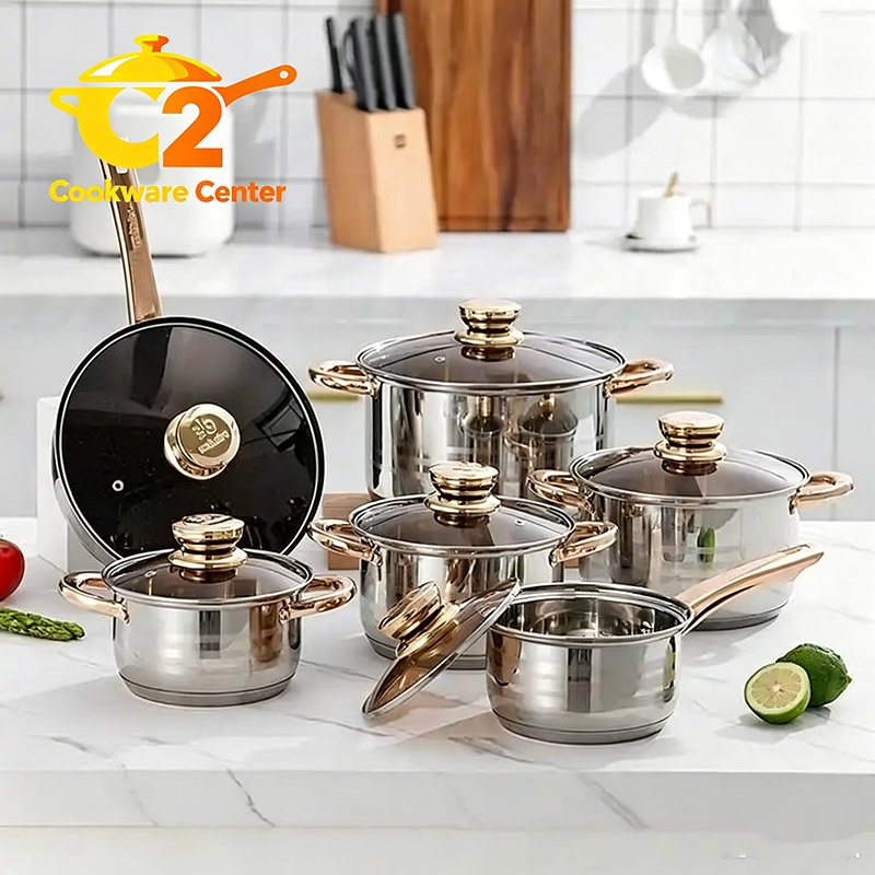 Engeibepg Set of 12PCS High Quality Non-stick Stainless Steel Cookware Sets Pots and Pans Cooking Pot Set  Sufuria Set Suitable for Induction Cooker (6PCS 16/16/18/20/24/24CM Pots+6PCS Lids)