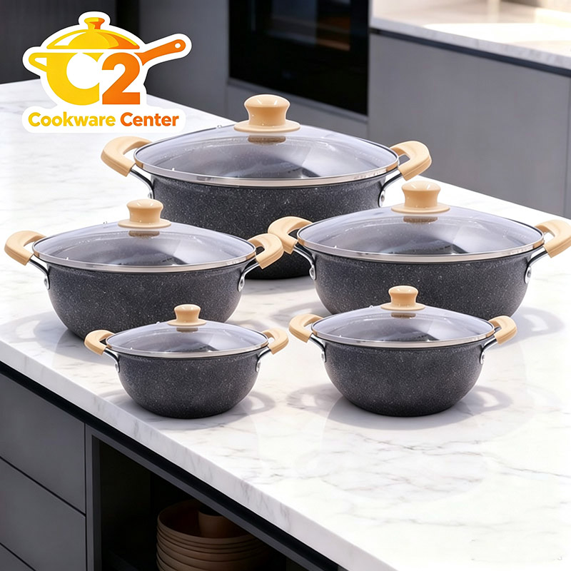 HotChef  TTG164 Sufuria Set 10PCS Marble Coated PFOA-Free Non-Stick Cooking Pot Set (5PCS 18-26cm+5PCS Lids) | Even Heating & Easy Clean | For Soups/Stews/Daily Cooking | Iron Cookware Set