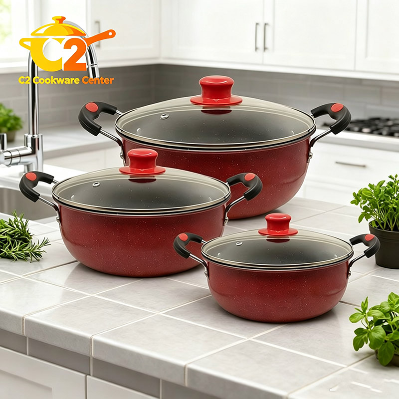 HotChef Set of 6PCS Non-stick Iron Cookware Set  Sufuria Set Cooking Pot Soup Pots Set Suitable for Induction Cookers (3PCS 22/24/26CM Pots+3PCS Lids) TTG102