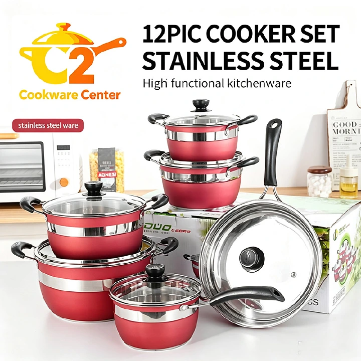 Set of 12PCS Non-stick Stainless Steel Cookware Sets Pots and Pans  Cooking Pot Set Stainless Steel Cookware Set Sufuria Set (6PCS 18/18//20/22/24/26CM  Pots+6PCS Lids)