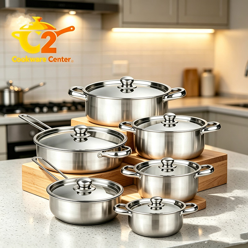 【On Sale】Set of 12PCS Non-stick Stainless Steel Cookware Set Cooking Pot Set Sufuria Set (6PCS 18/20/22/24/26/28 CM Pots+6PCS Stainless Steel Lids)