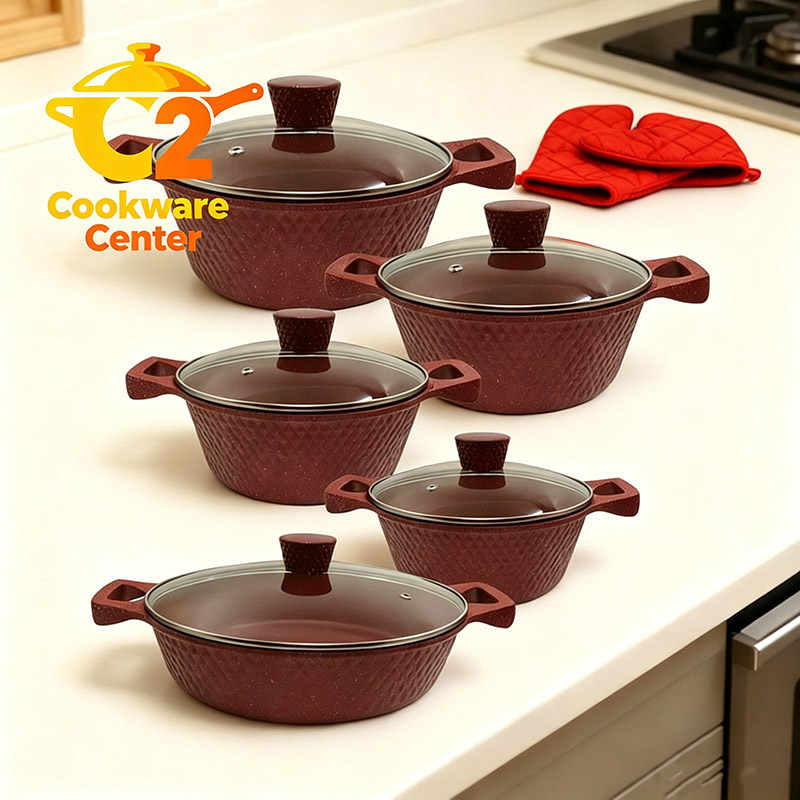 【On Sale】HotChef  Set of 12PCS Non-Stick Thickened and Large Size Die Cast Aluminum Cookware Set  Marble Coating Sufuria Set Cooking Pot Set (5PCS 20/24/28/28/32CM Pots+5PCS Lids +2PCS Gloves)