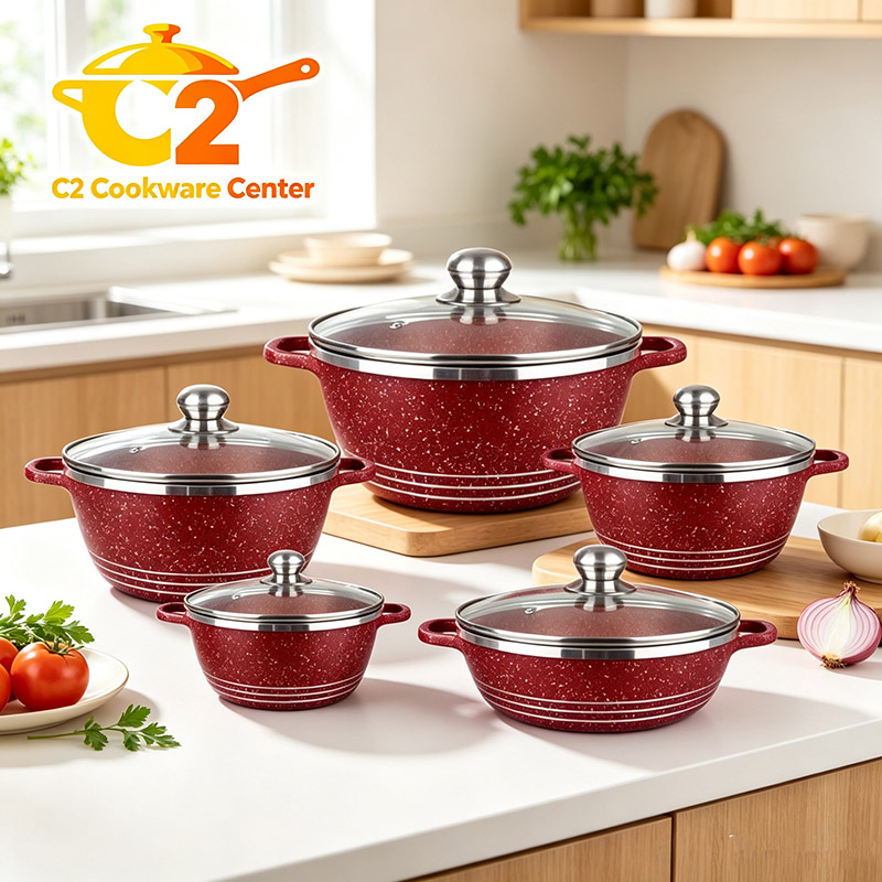 【On Sale】HotChef Set of 10PCS Non-stick Aluminum  Cookware Set Sufuria Set Marble Coating Cooking Pot Soup Pots Set (5PCS 18/22/26/26/30 CM Pots+5PCS Lids)