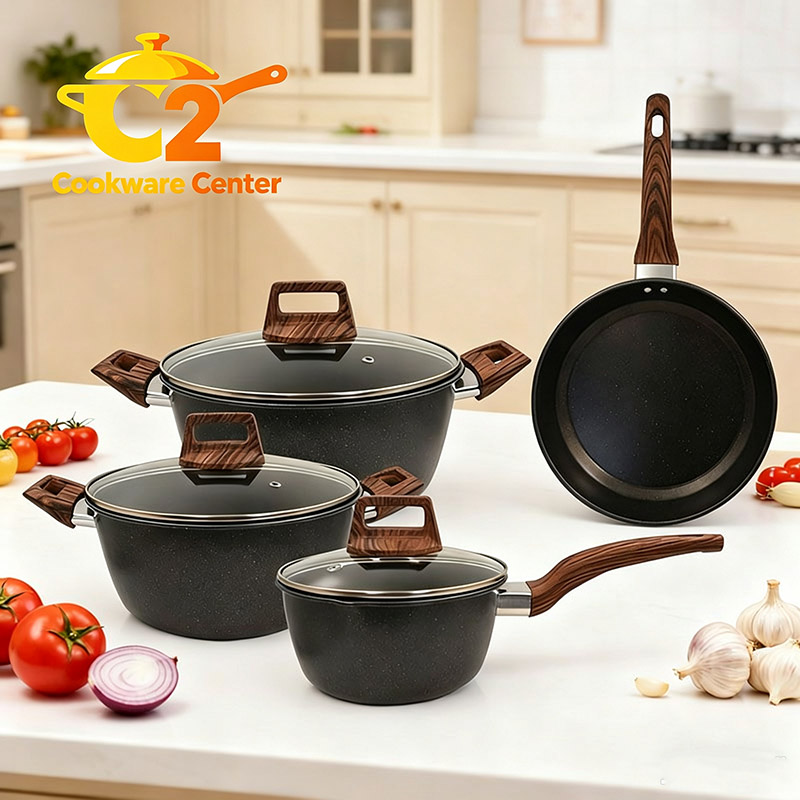 【On Sale】HotChef Set of 7PCS Non-stick Iron Die Casting Medical Stone Coating Cookware Set Sufuria Set Cooking Pot  Suitable for Induction Cookers(3PCS 18/20/24CM Pots+1PC 24CM Pan+3PCS Lids)