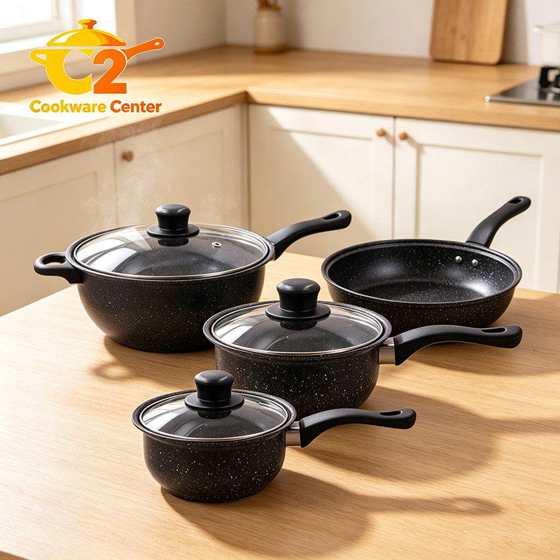 HotChef  Set of 7PCS  Non-stick  Iron Granite Coating Cookware Set Sufuria Set Cooking Pot Set (3PCS 16/18/24 Pots+3pcs Glass Lids+1pc 24cm Pan)  TTG100
