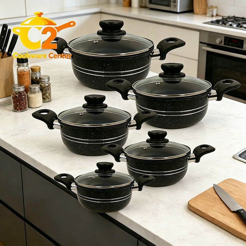 【On Sale】HotChef Set of 10PCS Non-stick Aluminum Marble Coating Die Casting Cookware Set Sufuria Set Cooking Pot Soup Pots Set (5PCS 18/20/22/24/26CM Pots+5PCS Lids)