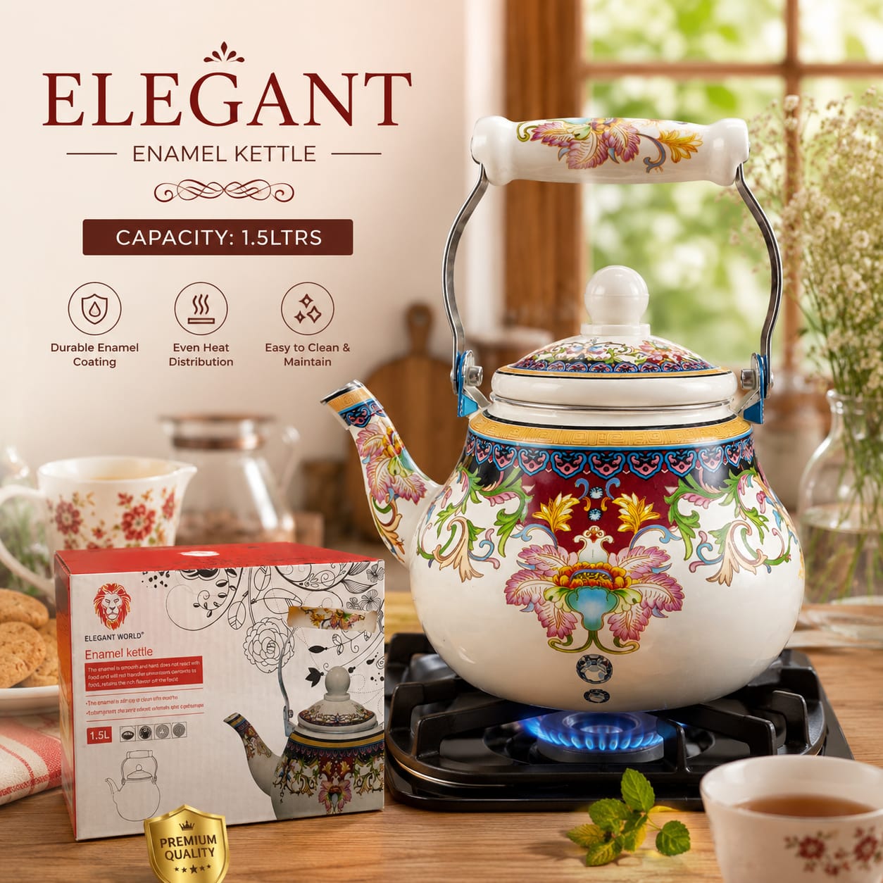 ELEGANT ENAMEL KETTLE  1.5 LTRS it is perfect for boiling water, making tea, and serving guests in style