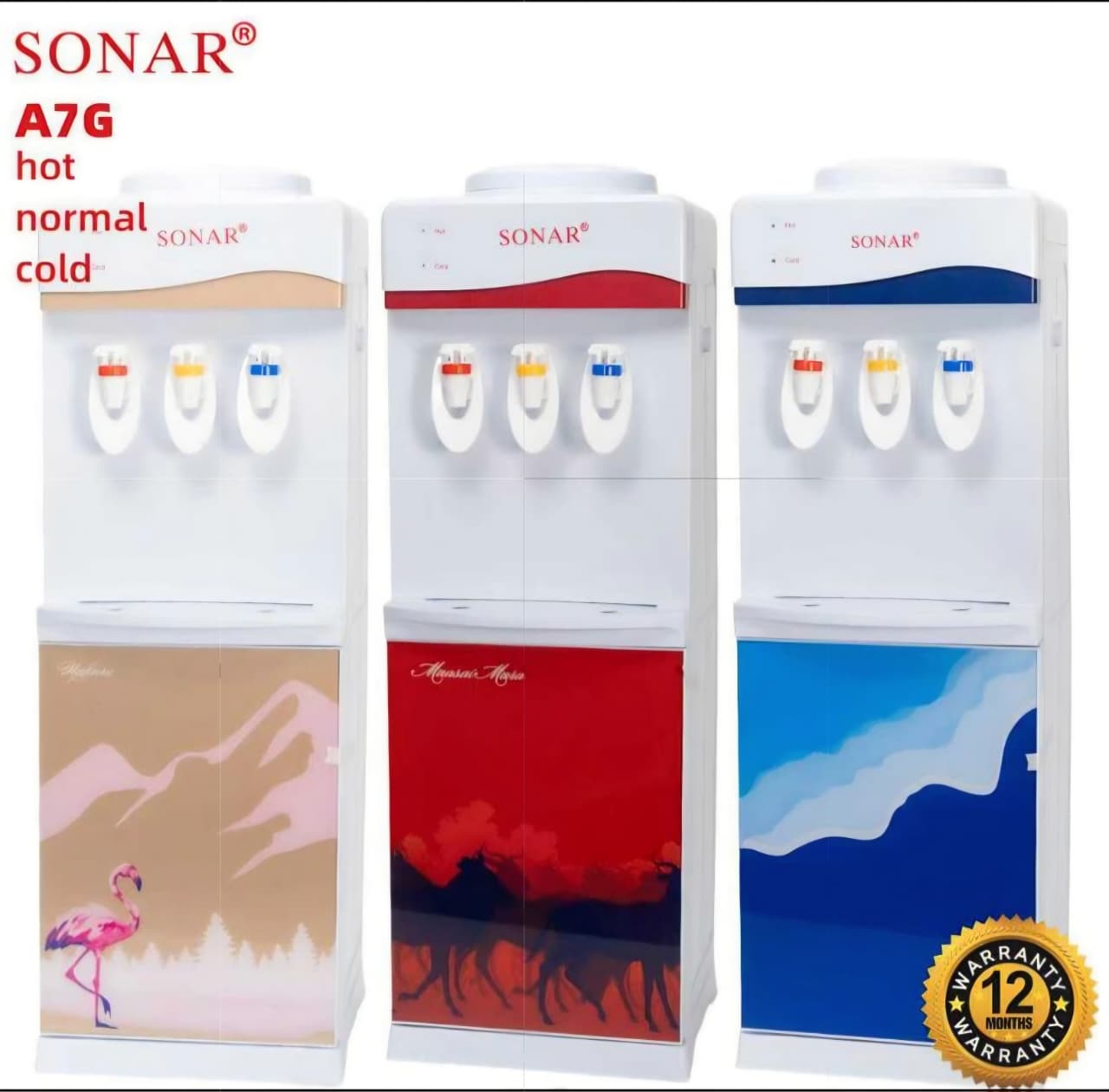 Sonar Hot, Normal  and Cold Dispenser A7G HN&C Stand Alone with 3 Taps Free Standing Dispenser Red in Color