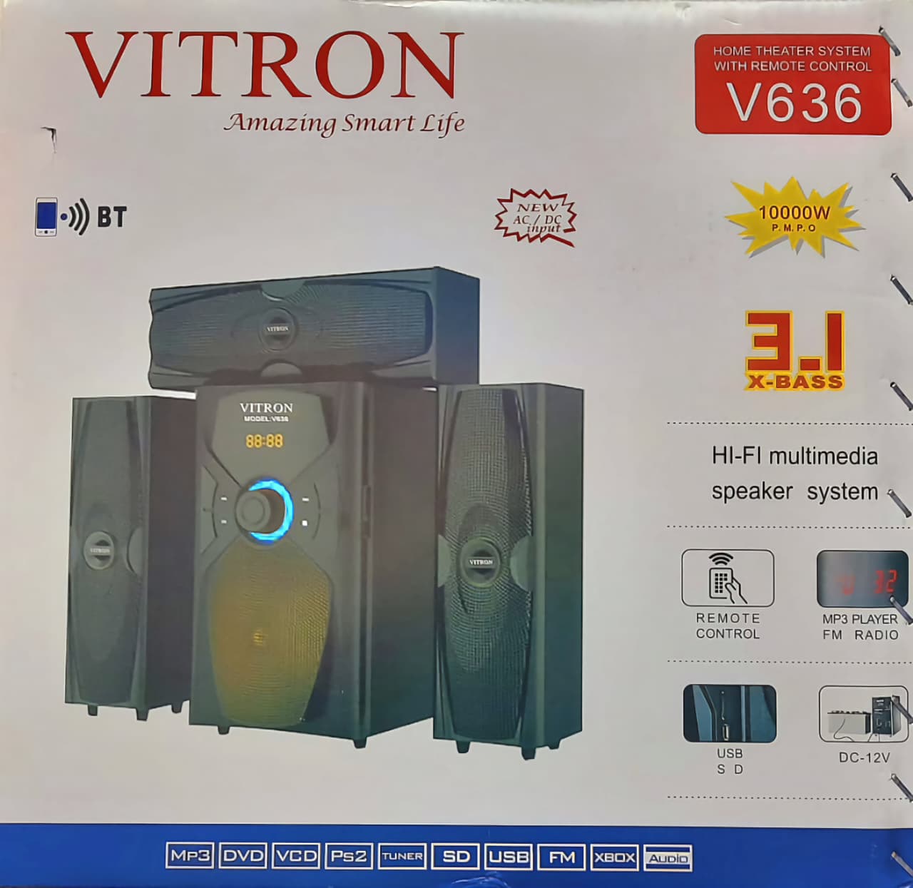 Vitron V636 3.1CH  Home Theater System USB, SD, FM, BT, AC DC Function 10000W P.M.P.O Hi-Fi Multimedia Sound Speaker System Subwoofer ni with Remote Control Woofer