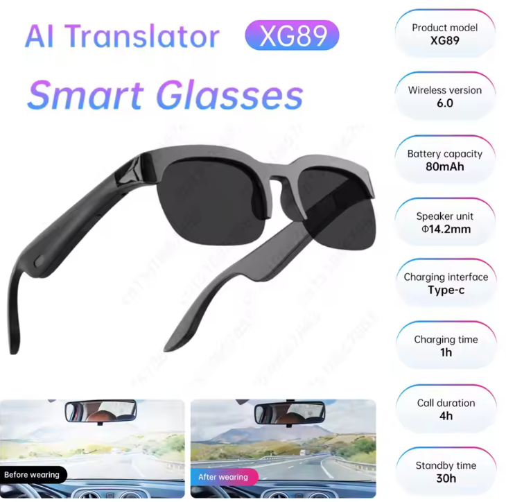 New Smart Glasses Ai Language Translator Two Way Noise Cancelling XG89 Bluetooth Smart Audio Glasses Headphones For Trip Business