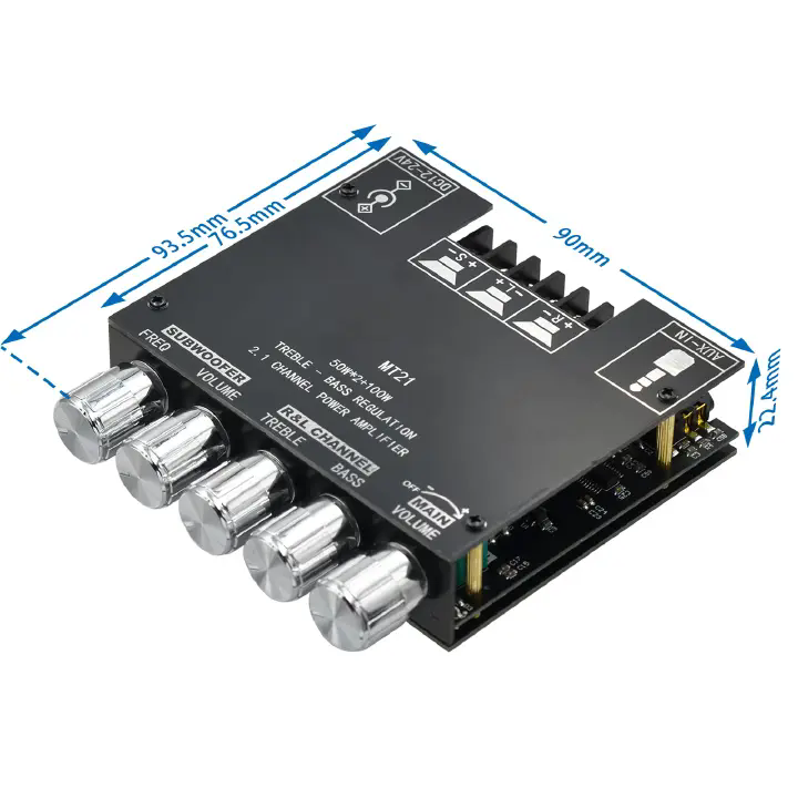 ZK-MT21 Digital Power Amplifier Board 2x50W+100W 2.1 Channel Subwoofer AUX 12V 24V Audio Stereo Bluetooth 5.0 Bass Amplifier Treble Bass Control for Home Car DIY Speaker