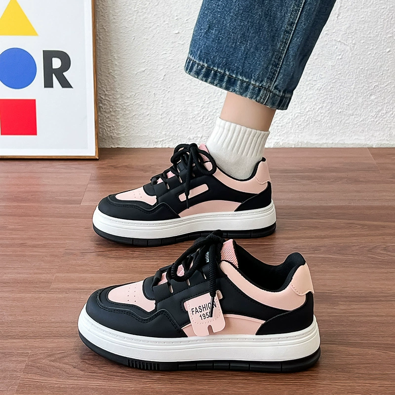 Women Fashion Sneakers Lace-Up Thick Platform Sneakers Black & Pink Breathable Casual Walking Shoes Chunky Sole Sport Trainers with Perforated Upper Skateboarding Shoes
