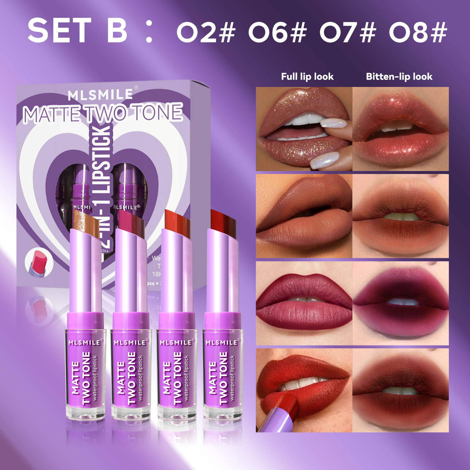 4PCS Dual Color Lipstick Set Matte Pearl Lip Liner Long Lasting Moisturizing Lipstick for Bite Lip Makeup