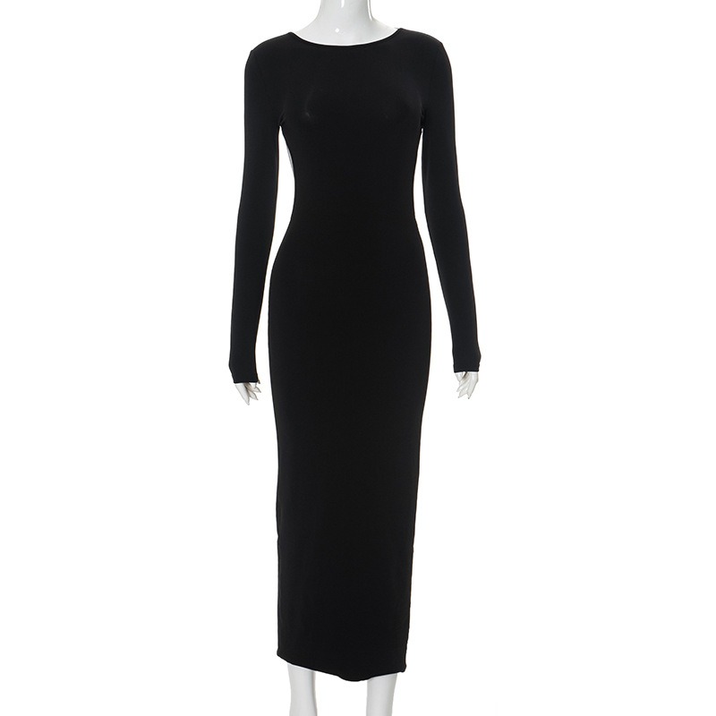 Women's Clothing Solid Color Long Sleeve Dress Backless Dresses Slim Fit Bodycon Long Dress Woman Clothes
