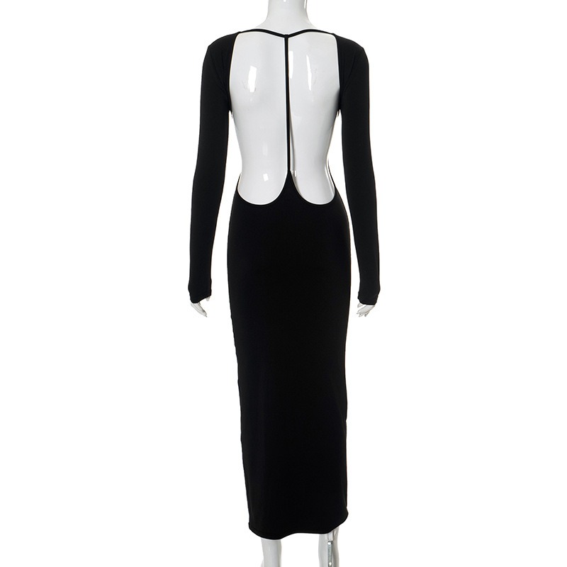 Women's Clothing Solid Color Long Sleeve Dress Backless Dresses Slim Fit Bodycon Long Dress Woman Clothes