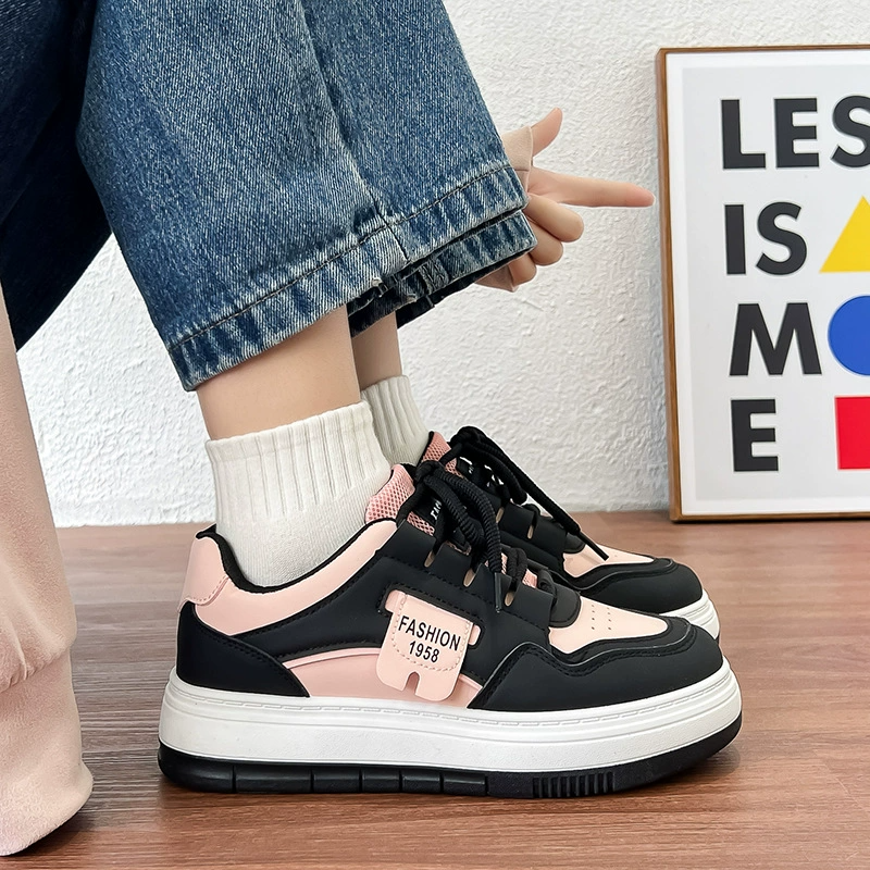 Women Fashion Sneakers Lace-Up Thick Platform Sneakers Black & Pink Breathable Casual Walking Shoes Chunky Sole Sport Trainers with Perforated Upper Skateboarding Shoes