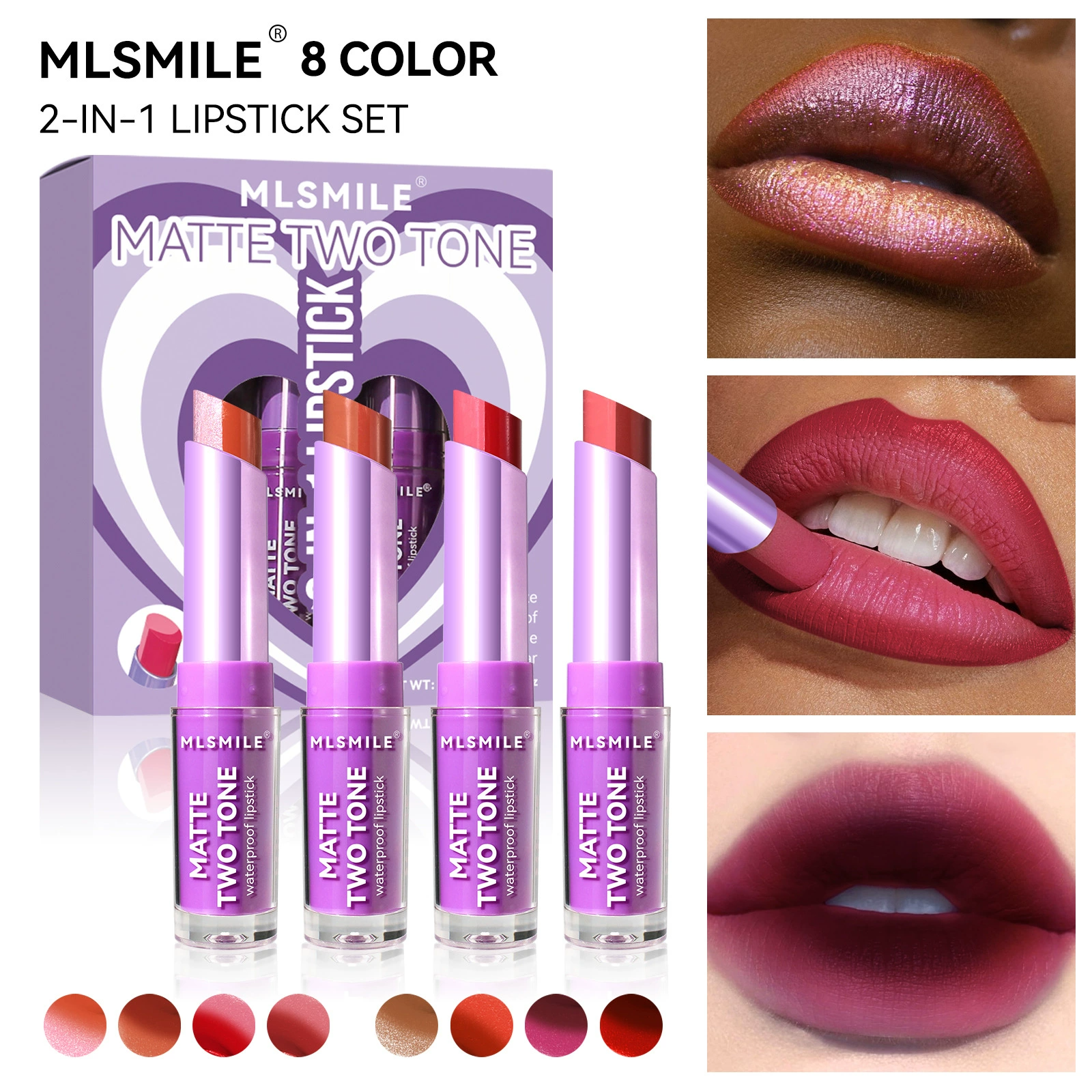 4PCS Dual Color Lipstick Set Matte Pearl Lip Liner Long Lasting Moisturizing Lipstick for Bite Lip Makeup