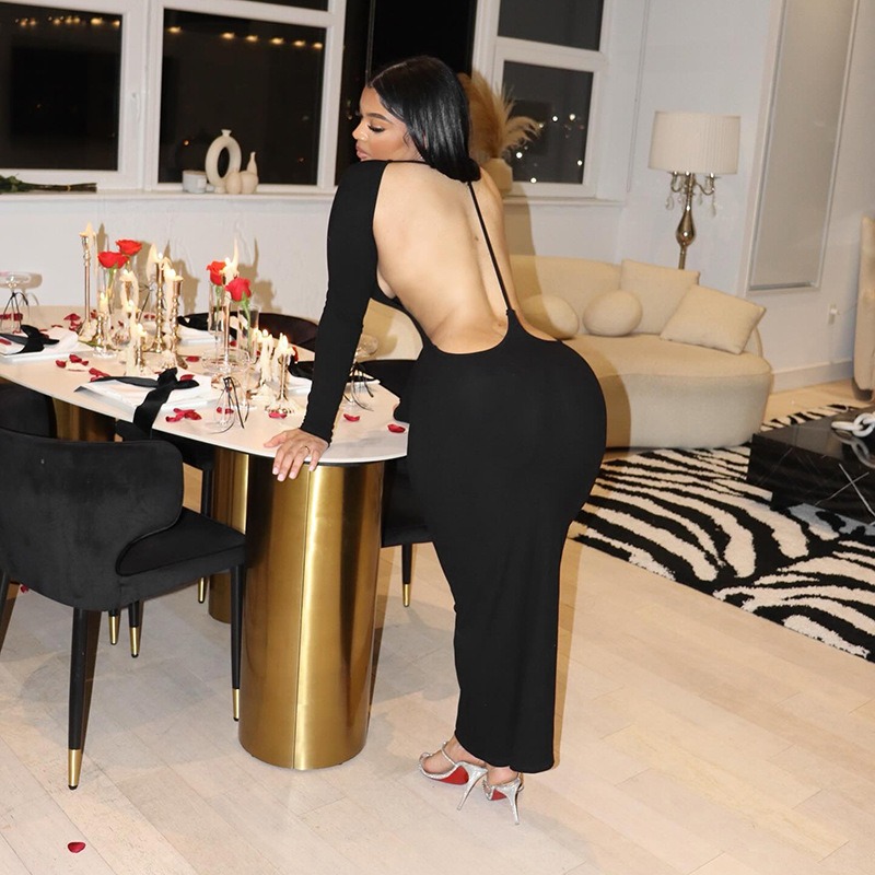 Women's Clothing Solid Color Long Sleeve Dress Backless Dresses Slim Fit Bodycon Long Dress Woman Clothes