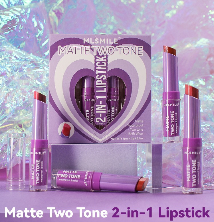4PCS Dual Color Lipstick Set Matte Pearl Lip Liner Long Lasting Moisturizing Lipstick for Bite Lip Makeup