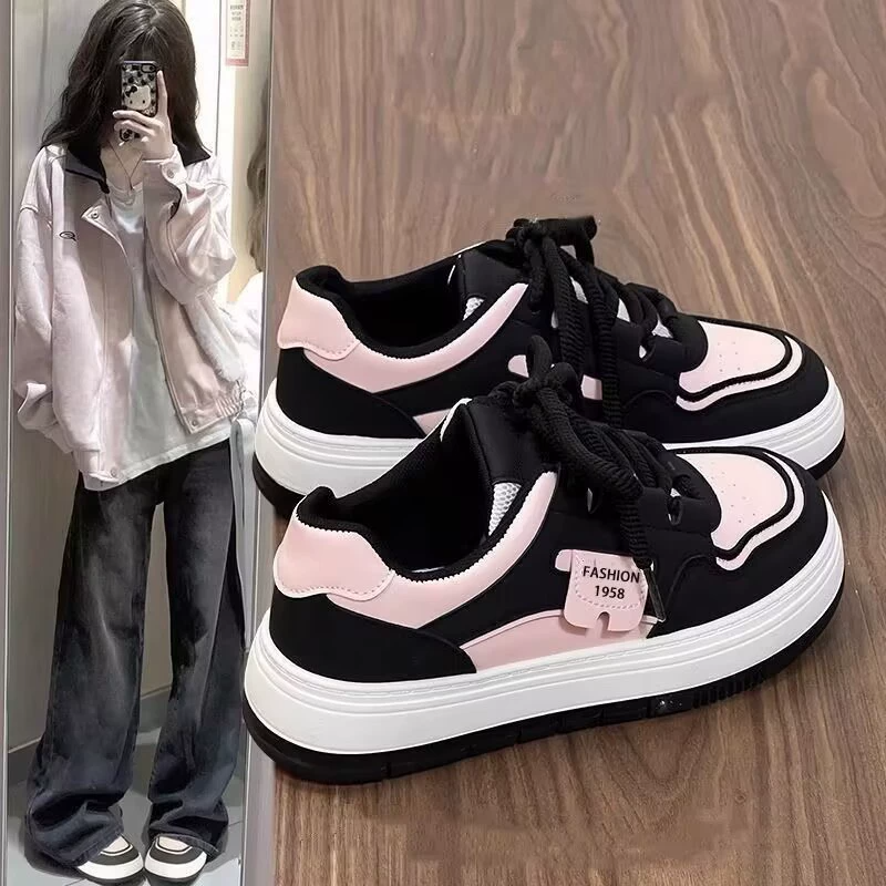 Women Fashion Sneakers Lace-Up Thick Platform Sneakers Black & Pink Breathable Casual Walking Shoes Chunky Sole Sport Trainers with Perforated Upper Skateboarding Shoes