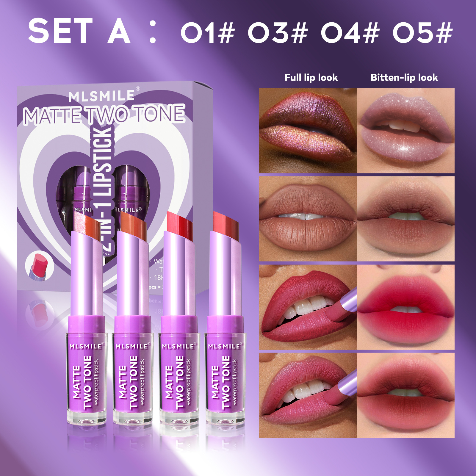 4PCS Dual Color Lipstick Set Matte Pearl Lip Liner Long Lasting Moisturizing Lipstick for Bite Lip Makeup