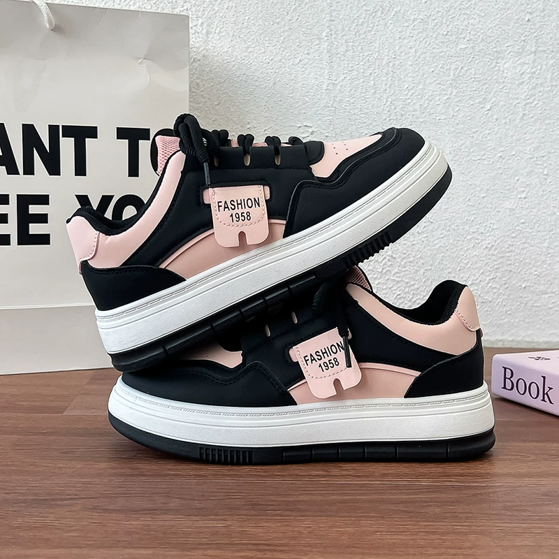 Women Fashion Sneakers Lace-Up Thick Platform Sneakers Black & Pink Breathable Casual Walking Shoes Chunky Sole Sport Trainers with Perforated Upper Skateboarding Shoes
