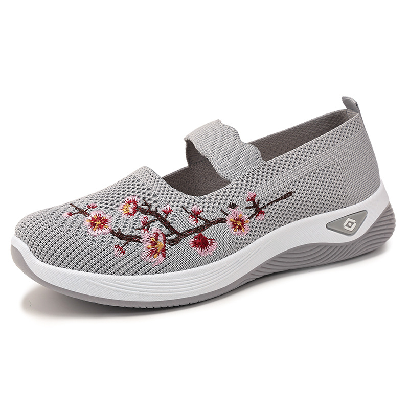 New Women's Breathable Flyknit Walking Shoes Soft Sole Comfortable Slip-On Casual Sneakers Floral Embroidered Mesh Shoes Flats Mom Shoes
