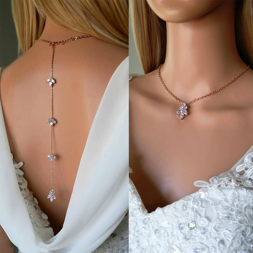 Women  Body Jewelry Elegant Rhinestone Back Drop Necklace for Women Water Drop Bridal Back Chain for Backless Dress, Wedding Party Accessories Back Necklace