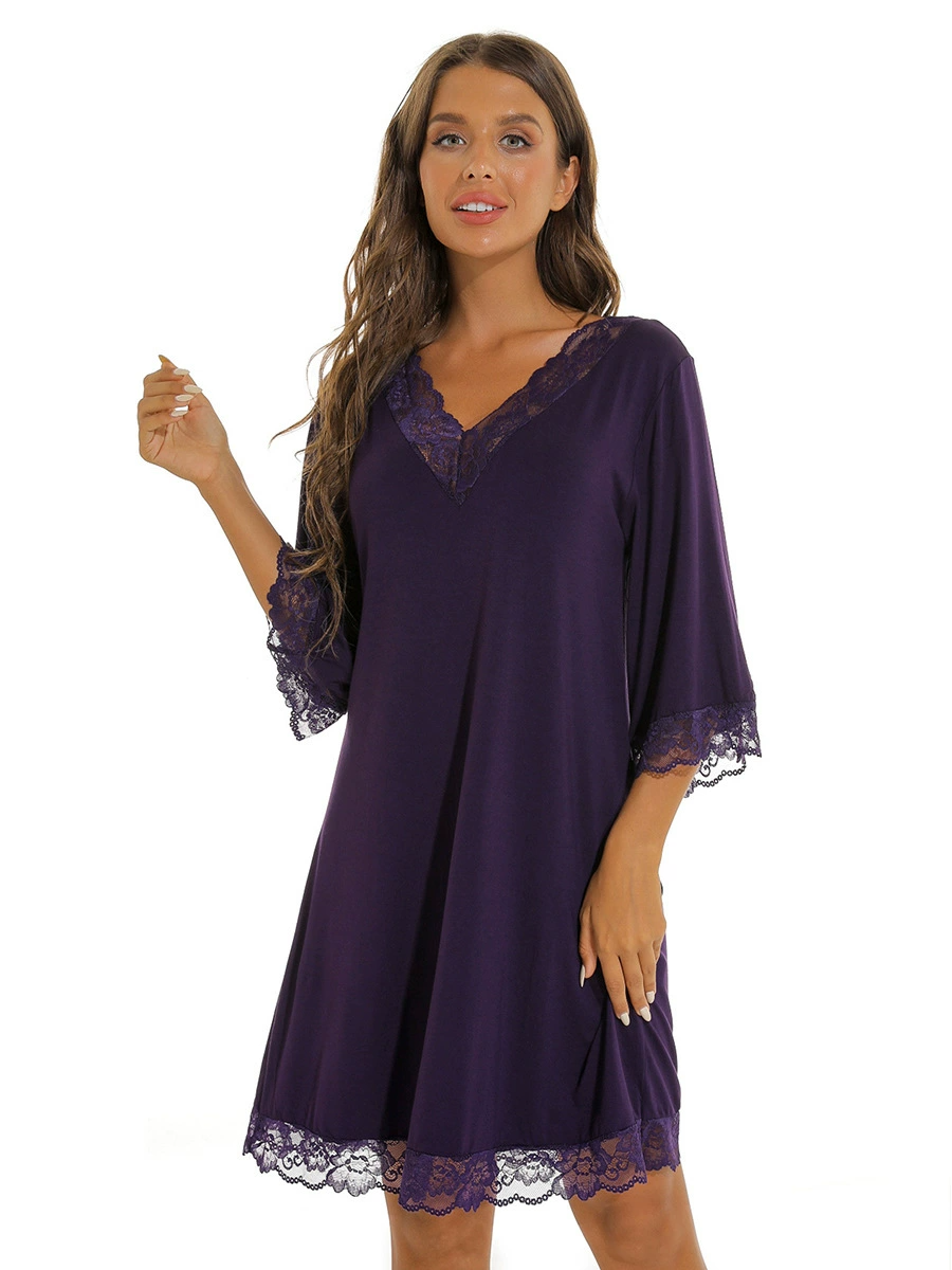 Women’s Lace Trim V-Neck Nightdress Plus Size Loose 3/4 Sleeve Sleep Dress Homewear Clothes Women's Clothing Sleep & Lounge  Nightgowns Sleepshirts Sleepwear