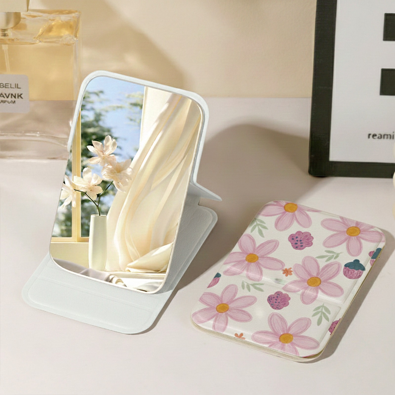 Portable Flower Folding Makeup Mirror Mini Rectangular Pocket Mirror HD Compact Cosmetic Mirror for Travel and Outgoing