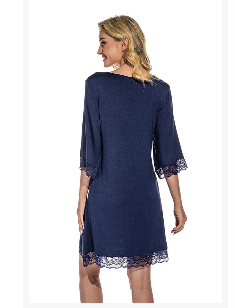 Women’s Lace Trim V-Neck Nightdress Plus Size Loose 3/4 Sleeve Sleep Dress Homewear Clothes Women's Clothing Sleep & Lounge  Nightgowns Sleepshirts Sleepwear