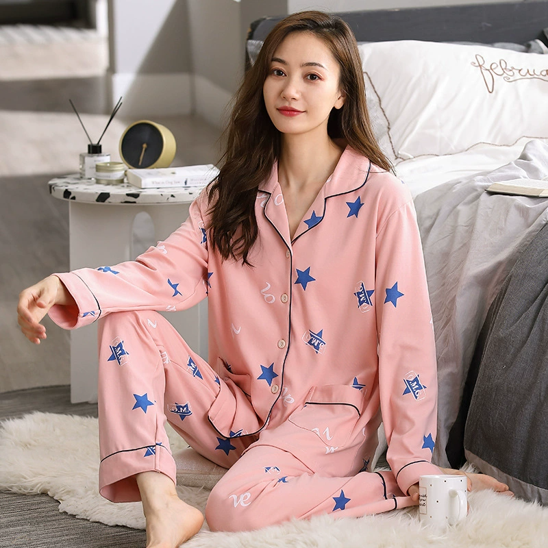 Women’s Plus Size Cotton Pajama Set Long Sleeve Button-Up Shirt and Loose Long Pants Soft Comfortable Sleepwear Clothes Women's Clothing Sleep Clothing Set Homewear