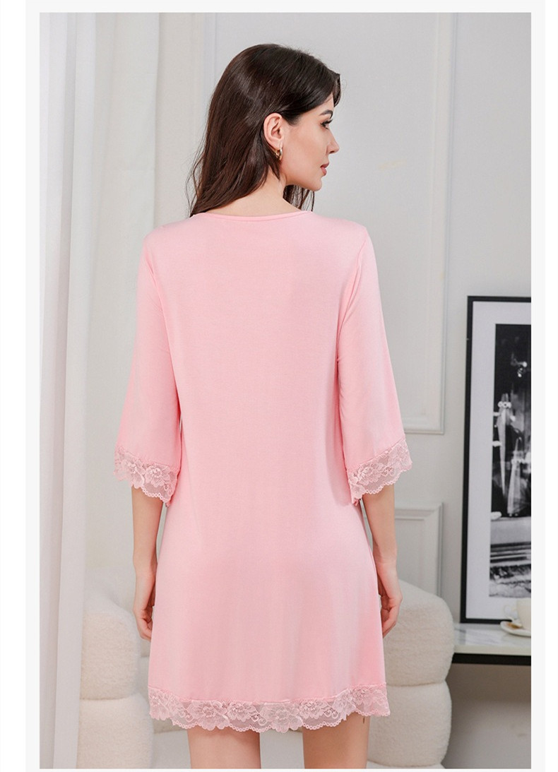 Women’s Lace Trim V-Neck Nightdress Plus Size Loose 3/4 Sleeve Sleep Dress Homewear Clothes Women's Clothing Sleep & Lounge  Nightgowns Sleepshirts Sleepwear