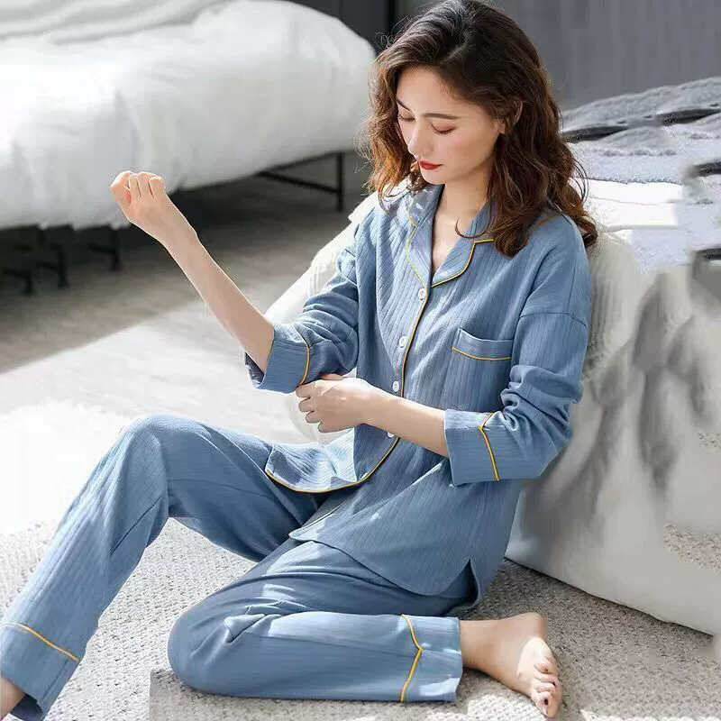 Women’s Plus Size Cotton Pajama Set Long Sleeve Button-Up Shirt and Loose Long Pants Soft Comfortable Sleepwear Clothes Women's Clothing Sleep Clothing Set Homewear