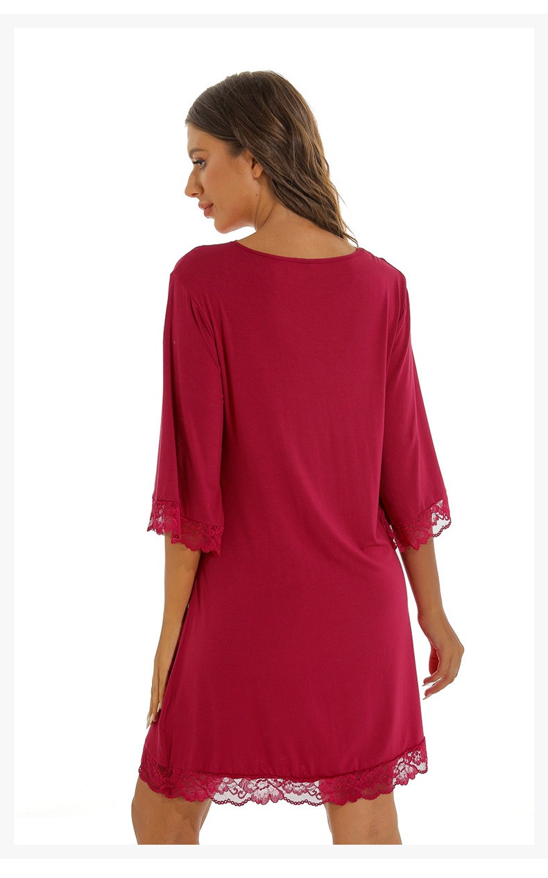Women’s Lace Trim V-Neck Nightdress Plus Size Loose 3/4 Sleeve Sleep Dress Homewear Clothes Women's Clothing Sleep & Lounge  Nightgowns Sleepshirts Sleepwear