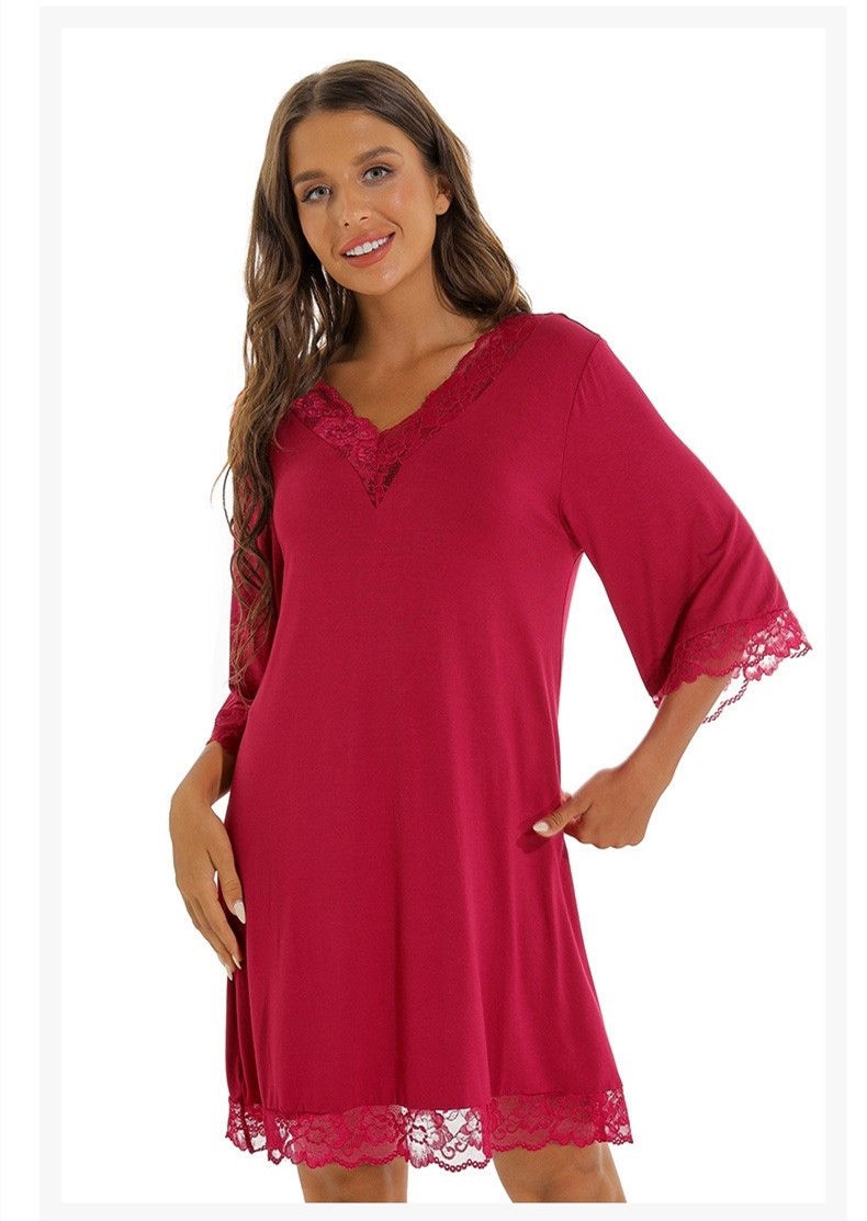 Women’s Lace Trim V-Neck Nightdress Plus Size Loose 3/4 Sleeve Sleep Dress Homewear Clothes Women's Clothing Sleep & Lounge  Nightgowns Sleepshirts Sleepwear
