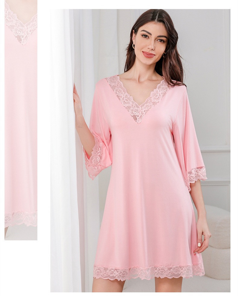 Women’s Lace Trim V-Neck Nightdress Plus Size Loose 3/4 Sleeve Sleep Dress Homewear Clothes Women's Clothing Sleep & Lounge  Nightgowns Sleepshirts Sleepwear