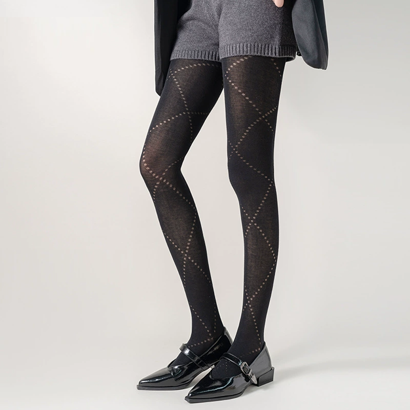 Women’s Sheer Argyle Pattern Tights Hollow-Out Diamond Design High Stretch Pantyhose Japanese Preppy Style Thin Stockings