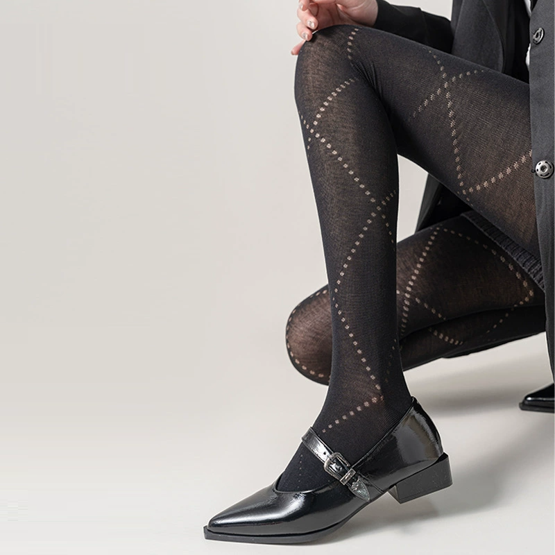 Women’s Sheer Argyle Pattern Tights Hollow-Out Diamond Design High Stretch Pantyhose Japanese Preppy Style Thin Stockings
