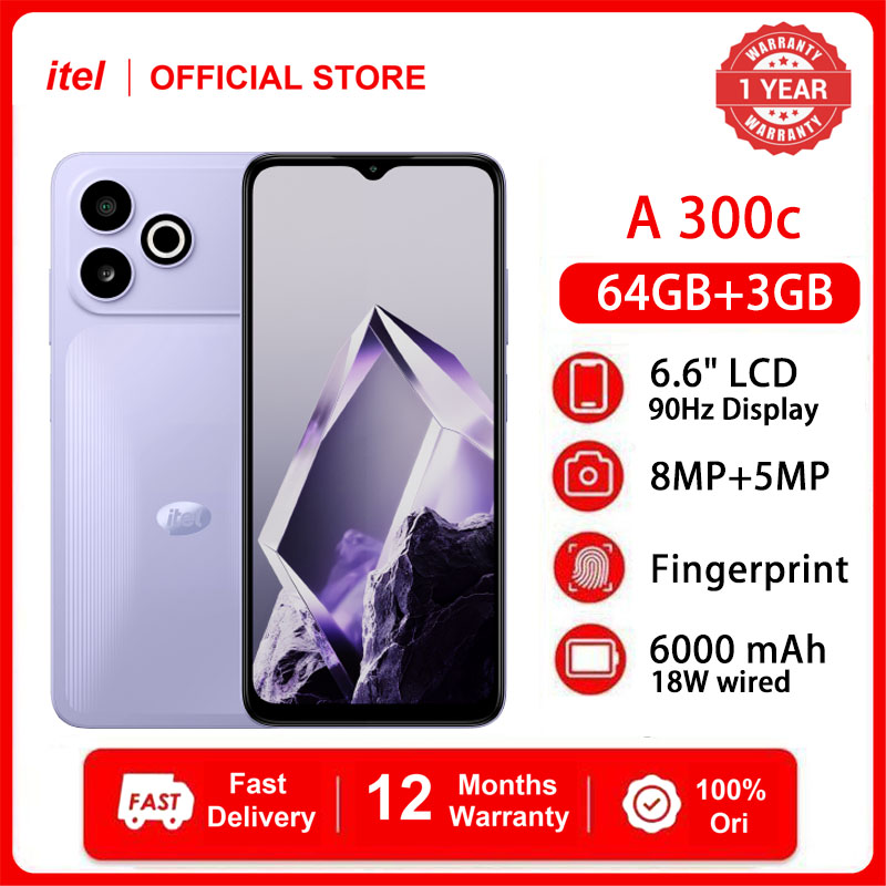 itel A300c 64GB+3GB RAM 6.6" Screen 90Hz Phone Dual SIM 8MP+5MP Camera  6000mAh Baterry Fingerprint And Face Unlock Android 16 Smart Phones