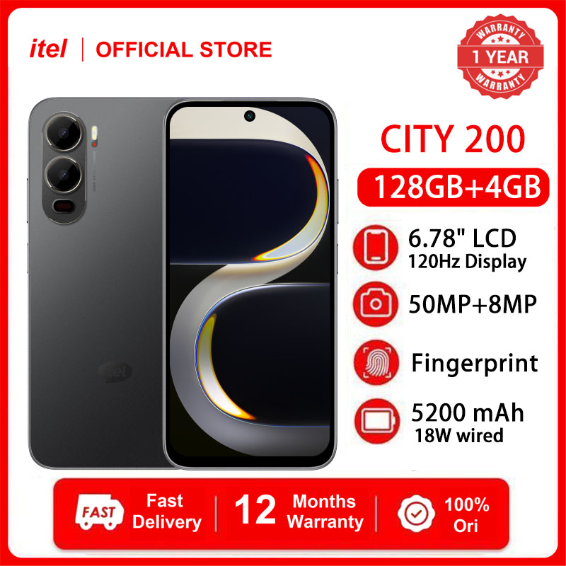 [Free Power Bank] itel CITY 200 Phone 4GB RAM+128GB 6.78" 120Hz Display Slim Phone Dual SIM 4G Network 50MP Camera 18W Charging 5200mAh Battery Android 15 IP64 Fingerprint Unlock AI Smart Phones