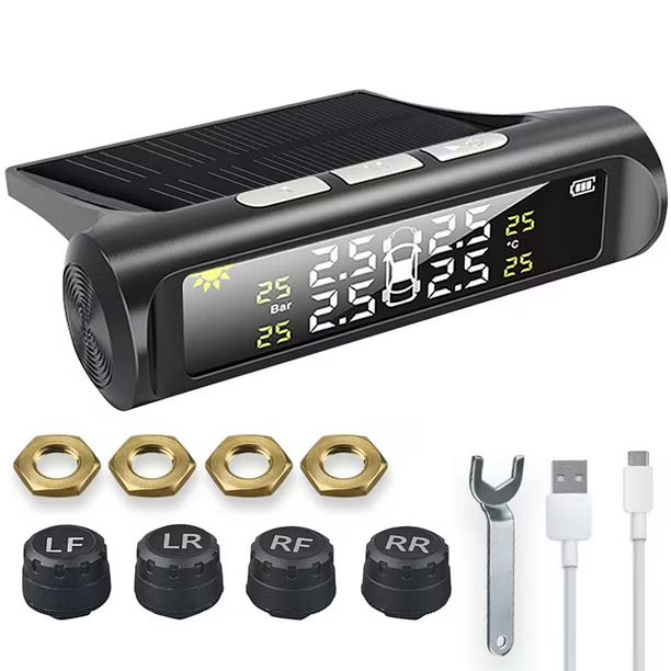 Tire Pressure Monitoring System Solar and USB Charging Wireless TPMS with 4 External Sensors 0-3.5Bar 6 Modes Auto Alarm System Sensor with Color LCD Display for Cars Trucks RVs