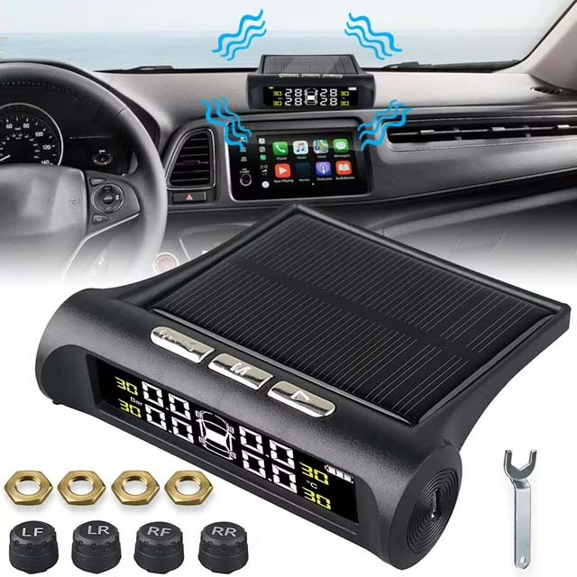 Tire Pressure Monitoring System Solar and USB Charging Wireless TPMS with 4 External Sensors 0-3.5Bar 6 Modes Auto Alarm System Sensor with Color LCD Display for Cars Trucks RVs