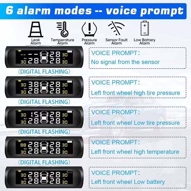 Tire Pressure Monitoring System Solar and USB Charging Wireless TPMS with 4 External Sensors 0-3.5Bar 6 Modes Auto Alarm System Sensor with Color LCD Display for Cars Trucks RVs