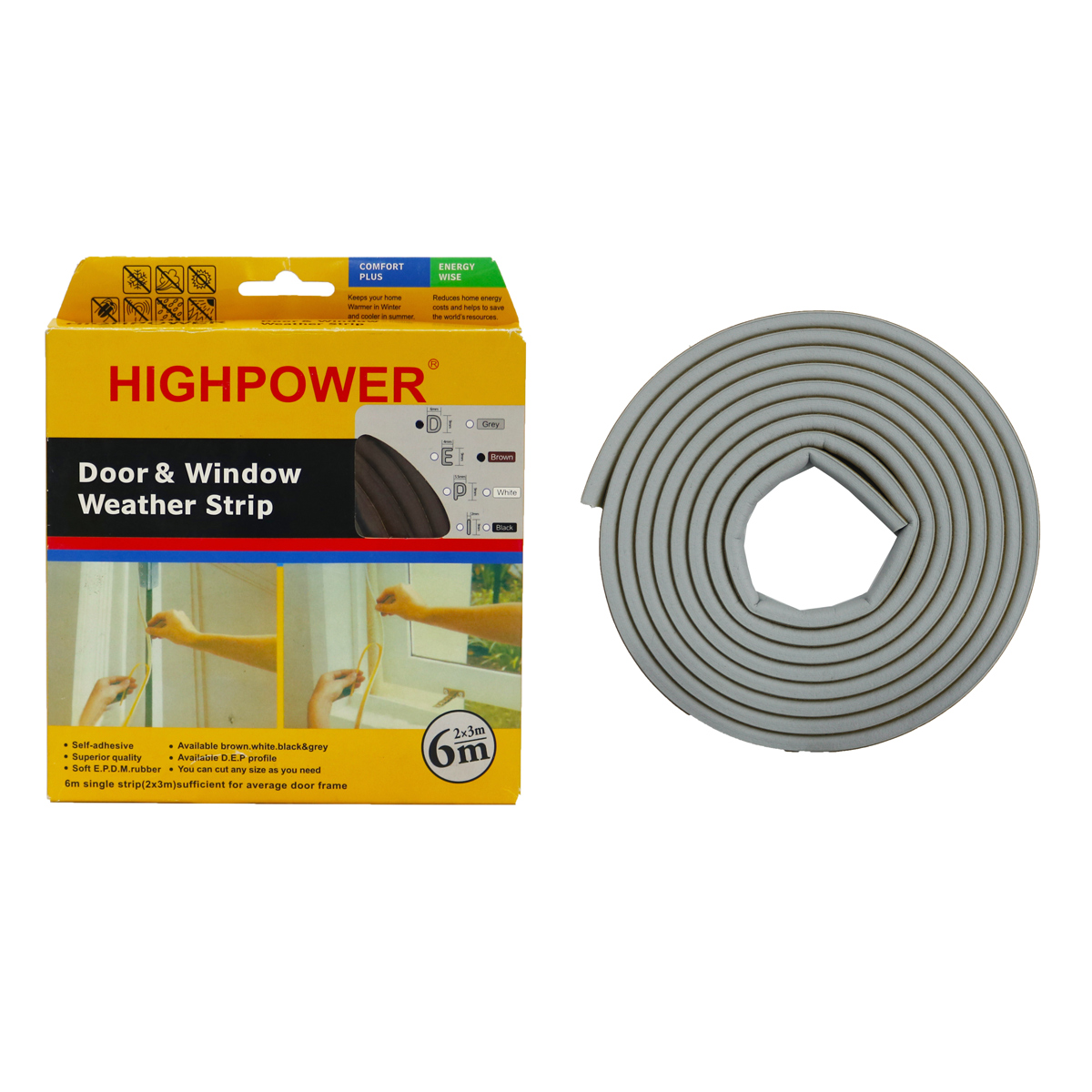 HIGHPOWER 6M(2x3m) Grey Weather Stripping Tape, Doors Windows Draught Excluder Self-Adhesive Anti-Collision Rubber D Type Foam Sealing Tape, Rubber Sound Insulation for Door Stopper Soundproofing