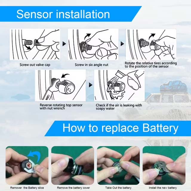 Tire Pressure Monitoring System Solar and USB Charging Wireless TPMS with 4 External Sensors 0-3.5Bar 6 Modes Auto Alarm System Sensor with Color LCD Display for Cars Trucks RVs