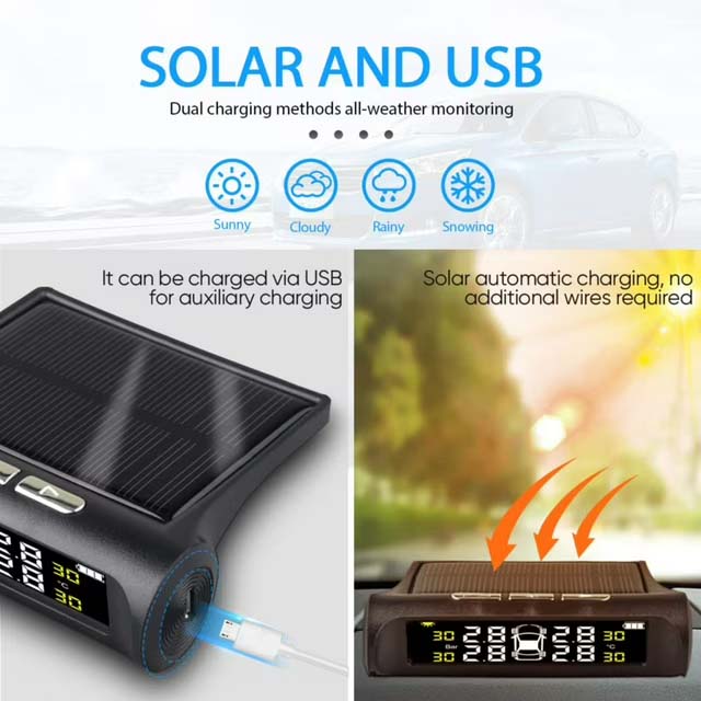 Tire Pressure Monitoring System Solar and USB Charging Wireless TPMS with 4 External Sensors 0-3.5Bar 6 Modes Auto Alarm System Sensor with Color LCD Display for Cars Trucks RVs