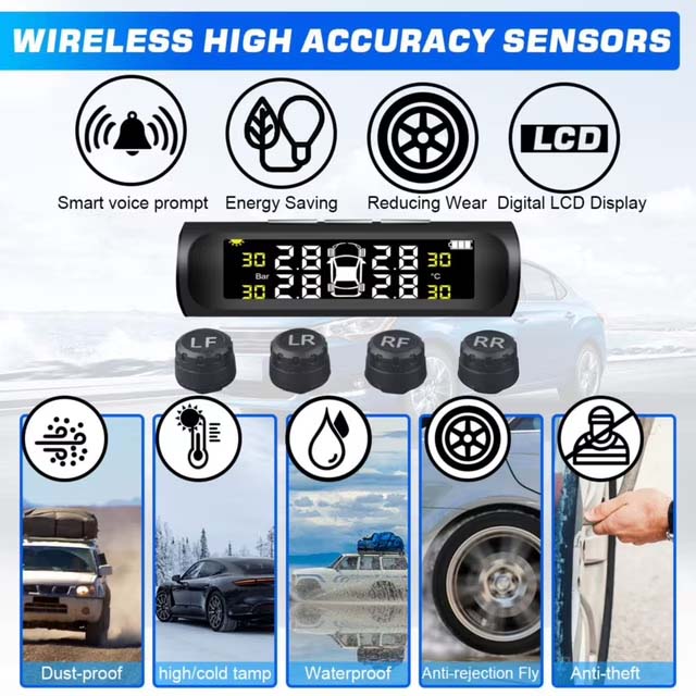 Tire Pressure Monitoring System Solar and USB Charging Wireless TPMS with 4 External Sensors 0-3.5Bar 6 Modes Auto Alarm System Sensor with Color LCD Display for Cars Trucks RVs